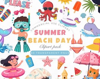 Kids Summer Beach Clipart: Watercolor Sandcastles, Popsicles, Pool Party Clip art