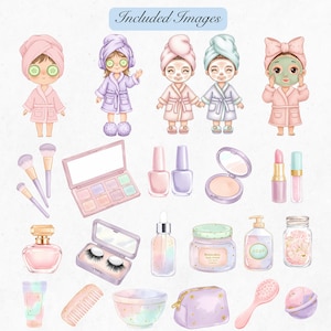 May include: A collection of watercolor illustrations featuring spa day elements. Includes cartoon figures in bathrobes, makeup, skincare products, and accessories like brushes, nail polish, and a comb. The text "Included Images" is at the top.