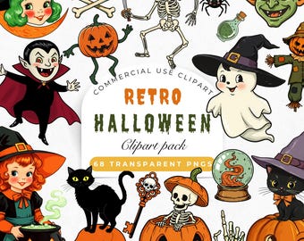 Vintage Halloween Clipart, Retro Halloween PNG, Halloween Clip Art, Vintage Halloween PNG, Cute Ghost Pumpkin Witch Graphics
