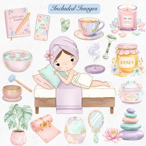 Watercolor spa day illustrations with aromatherapy, plants, and essential oils