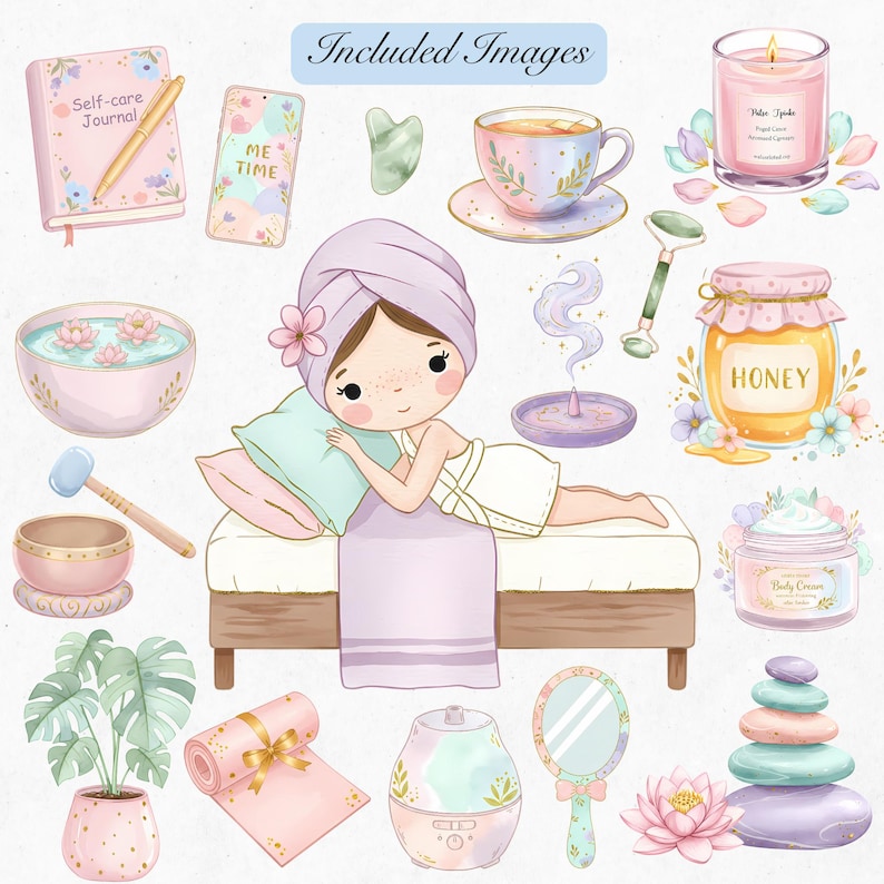 Watercolor spa day illustrations with aromatherapy, plants, and essential oils