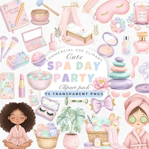 May include: A collection of watercolor spa day themed clipart. The image includes illustrations of spa products, such as bath bombs, face masks, and essential oils. The text "Cute SPA DAY PARTY Clipart pack" is visible. The image contains 75 transparent PNGs.