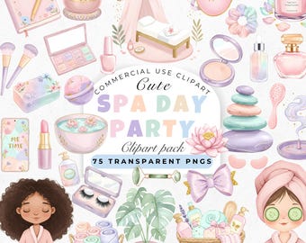 Watercolor Spa Clipart, Pastel Spa Party, Cute Spa Girls PNG, Self Care Aesthetic, Pamper Party, Beauty Salon, Makeup Skin Care Girls Night