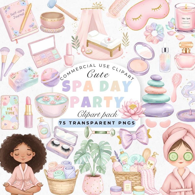 ETSY - Cute pastel spa clipart bundle with robes, slippers, bath bombs, and candles. Spa party clipart set in soft pastel blush pink, lavender, mint, and peach. Complete 75-piece watercolor spa clipart pack with cozy whimsical aesthetic