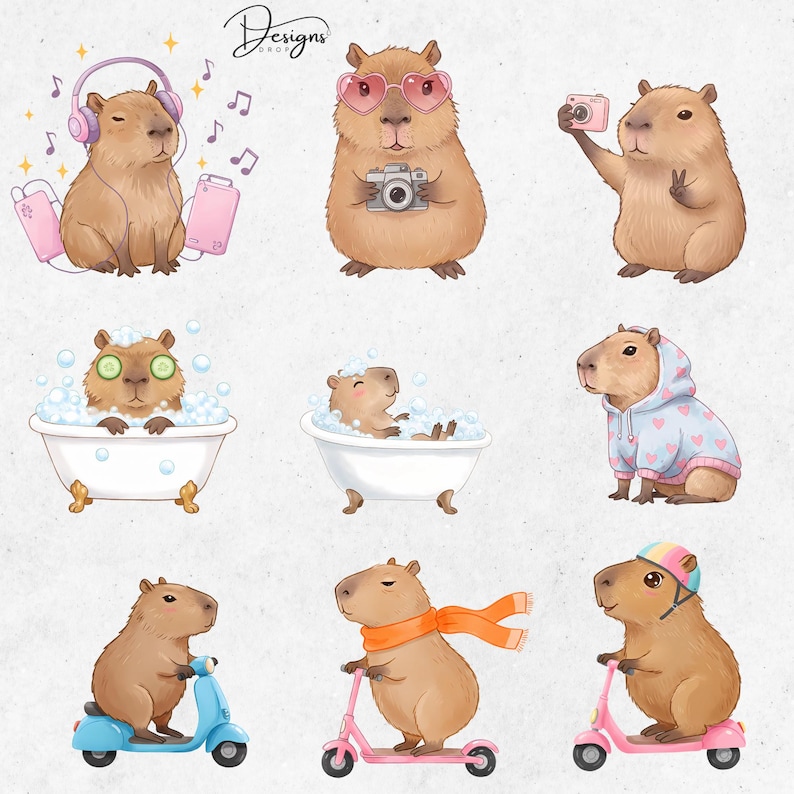 capybara taking selfie, Capybara enjoying music, capybara riding bike, Capybara Bathing