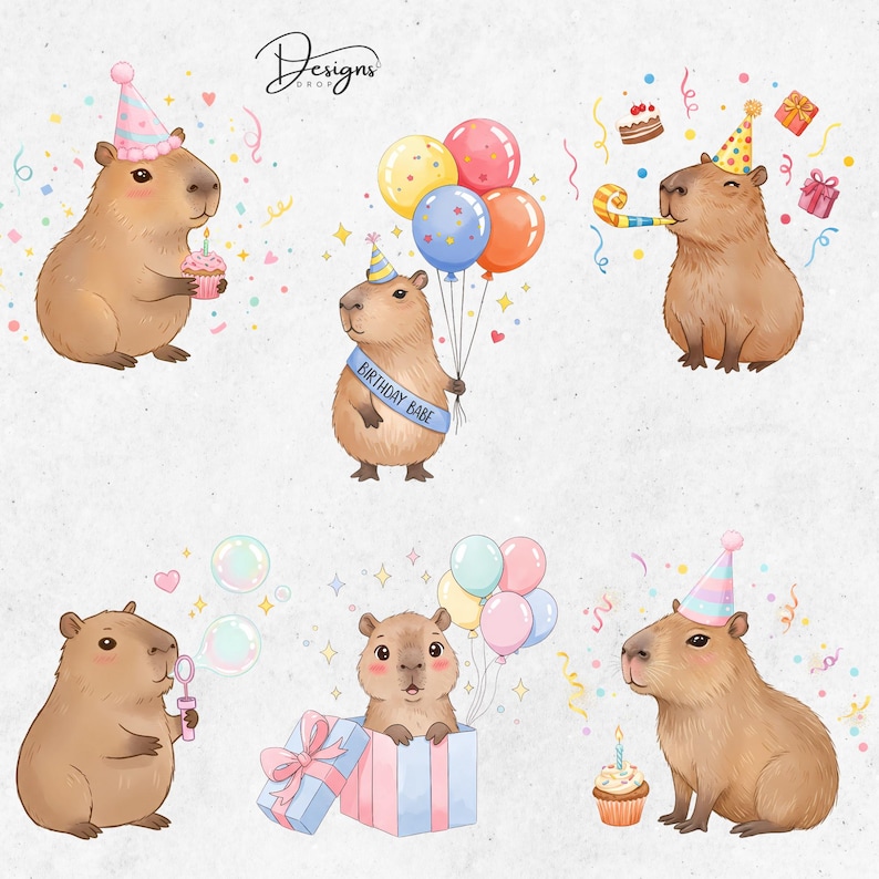 Capybara Birthday Clip Art, Capybara wearing birthday costumes.