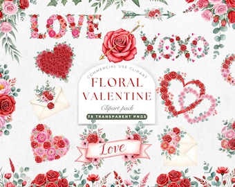Clipart floral rojo y rosa de acuarela, clipart de flores rojas, ramo de rosas, flor de San Valentín, clipart botánico
