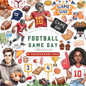 Könnte beinhalten: Ein digitales Clipart-Paket mit Football-Thema. Das Bild enthält Illustrationen von Footballspielern, Essen für den Spieltag und Zubehör wie Helm, Tickets und eine Anzeigetafel. Der Text "FOOTBALL GAME DAY Clipart pack" ist sichtbar.