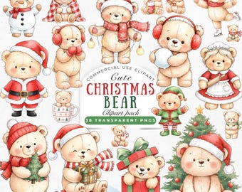 Christmas Teddy Bear Clipart: Watercolor Festive Holiday Graphics (Digital Download - 38 PNGs)