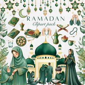 Deep emerald Ramadan clipart bundle with mosque, lanterns, Quran and gold accents. Elegant Ramadan watercolor clipart in emerald green and gold palette
