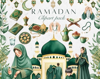 Aquarell Ramadan Clipart: Islamische Illustrationen, Moschee Laterne Koran PNG, Eid Digital Art, digitaler Download