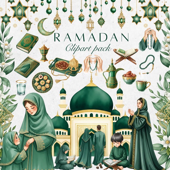 Watercolor Ramadan Clipart: Islamic Illustrations, Mosque Lantern Quran PNG, Eid Digital Art, Digital Download