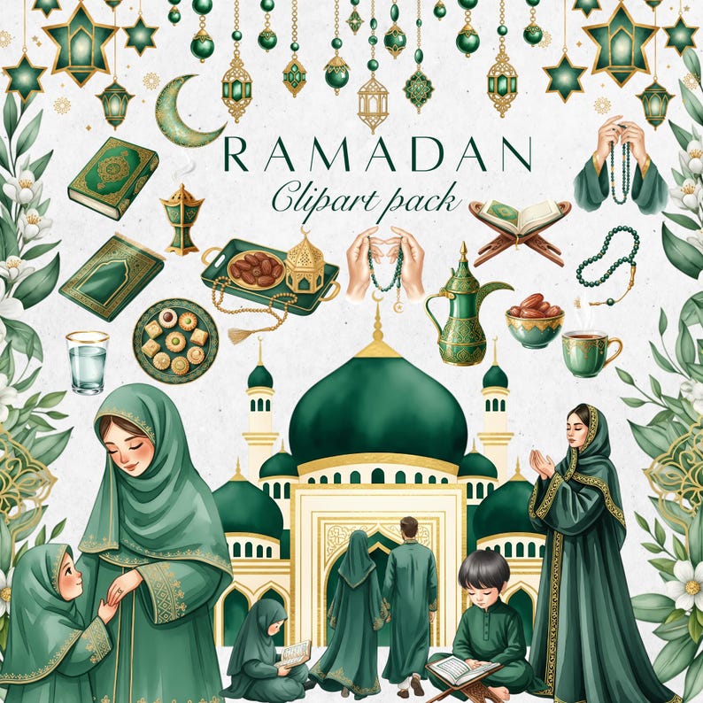 Deep emerald Ramadan clipart bundle with mosque, lanterns, Quran and gold accents. Elegant Ramadan watercolor clipart in emerald green and gold palette