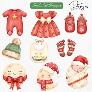 May include: Watercolor illustrations of baby Christmas items. Includes a red onesie with a star, a red dress with holly, red shoes with snowflakes, a green hat, a bib with text, baby footprints, and moon designs.