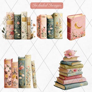 K&ouml;nnte beinhalten: Aquarellillustrationen von Vintage-B&uuml;chern mit floralen Designs. Die B&uuml;cher weisen eine Vielzahl von Farben auf, darunter Rosa, Gr&uuml;n und Gold, mit detaillierten Blumen- und Bl&auml;ttermustern. Einige B&uuml;cher haben goldene Akzente und ein Mond-Design.