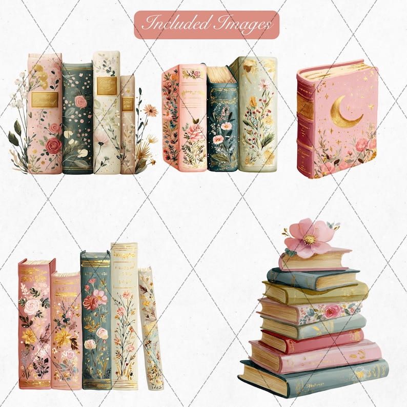 K&ouml;nnte beinhalten: Aquarellillustrationen von Vintage-B&uuml;chern mit floralen Designs. Die B&uuml;cher weisen eine Vielzahl von Farben auf, darunter Rosa, Gr&uuml;n und Gold, mit detaillierten Blumen- und Bl&auml;ttermustern. Einige B&uuml;cher haben goldene Akzente und ein Mond-Design.