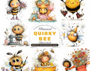Whimsical Honey Bee Clipart – Quirky Bumblebee clip art, Cute Baby bee, Watercolor Bees PNG
