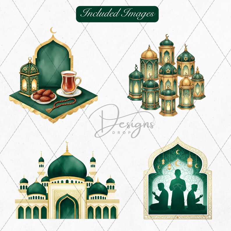 May include: Watercolor illustrations featuring Islamic themes. Includes a mosque, lanterns, and silhouettes of people praying. The color palette is dominated by green and gold, with intricate details and a traditional aesthetic.