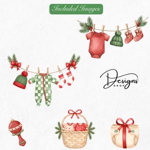 Baby First Christmas Clipart: Watercolor Christmas Baby Clothesline PNG (Digital Download) image 3