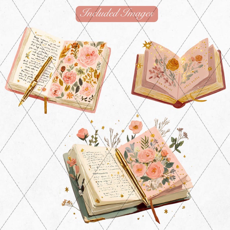K&ouml;nnte beinhalten: Illustration von drei ge&ouml;ffneten Tageb&uuml;chern mit floralen Designs und goldenen Stiften. Die Tageb&uuml;cher haben rosa Einb&auml;nde und Seiten mit handschriftlichem Text und floralen Illustrationen. Das Bild hat eine weiche, romantische &Auml;sthetik.