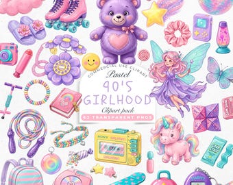 Pastel 90s Girlhood Clipart Bundle | Retro Toys, Care Bears, Tamagotchi, Y2K Girl Clipart (Digital Download)