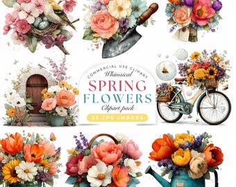 Whimsical Spring Flowers Clipart: Floral Graphics (Digital Download -33 JPGs)