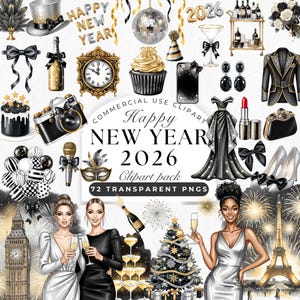 Clipart de Año Nuevo 2026 en acuarela: Fiesta de Nochevieja en negro, dorado y plateado PNG (Descarga digital)