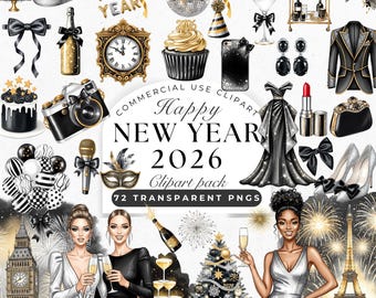 Watercolor New Year 2026 Clipart: Black Gold Silver NewYear Eve Party PNG (Digital Download)