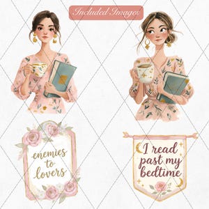 K&ouml;nnte beinhalten: Aquarellillustrationen mit zwei Frauen in Blumenkleidern, die B&uuml;cher und Tassen halten. Zus&auml;tzliche Bilder zeigen ein Banner mit "I read past my bedtime" und einen Rahmen mit "enemies to lovers", alles mit floralen und goldenen Akzenten.
