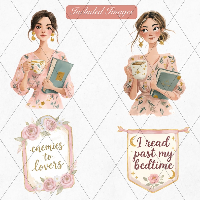 K&ouml;nnte beinhalten: Aquarellillustrationen mit zwei Frauen in Blumenkleidern, die B&uuml;cher und Tassen halten. Zus&auml;tzliche Bilder zeigen ein Banner mit "I read past my bedtime" und einen Rahmen mit "enemies to lovers", alles mit floralen und goldenen Akzenten.