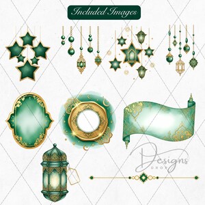 May include: A collection of watercolor illustrations featuring green and gold decorative elements. Included are hanging stars, lanterns, frames, and a scroll, all with intricate designs. The text "Included Images" and "Designs Drop" are also present.