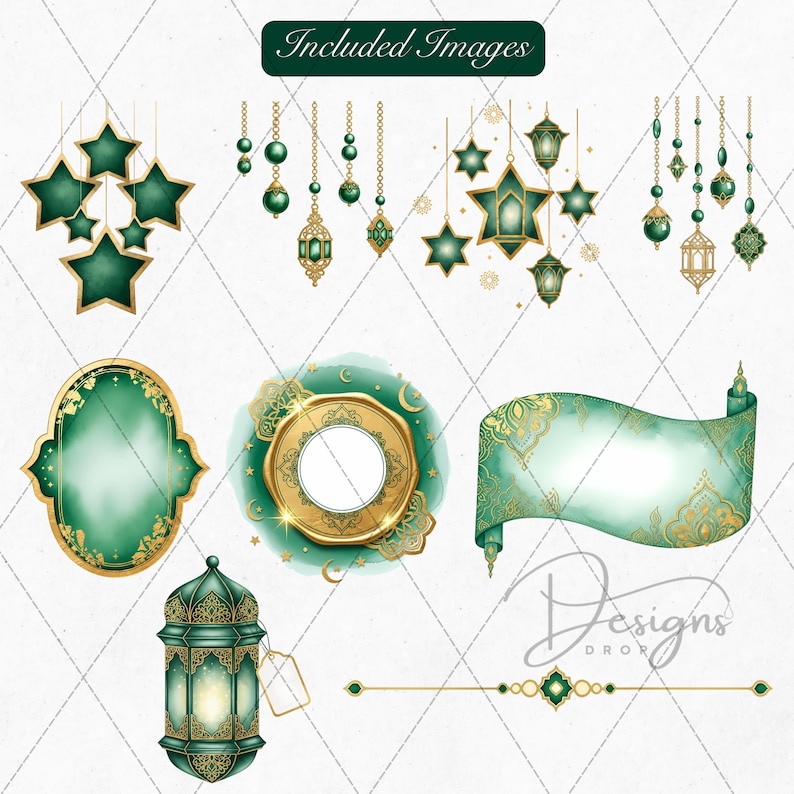 May include: A collection of watercolor illustrations featuring green and gold decorative elements. Included are hanging stars, lanterns, frames, and a scroll, all with intricate designs. The text "Included Images" and "Designs Drop" are also present.