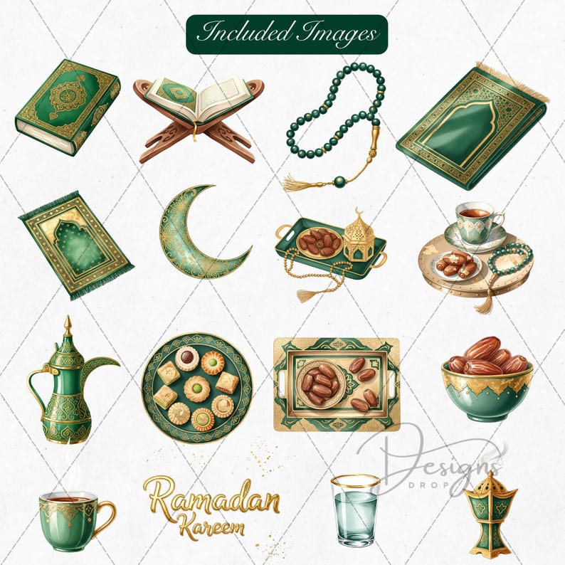 Ramadan typography clipart with gold calligraphy and watercolor texture. Iftar food and prayer elements Ramadan digital clipart