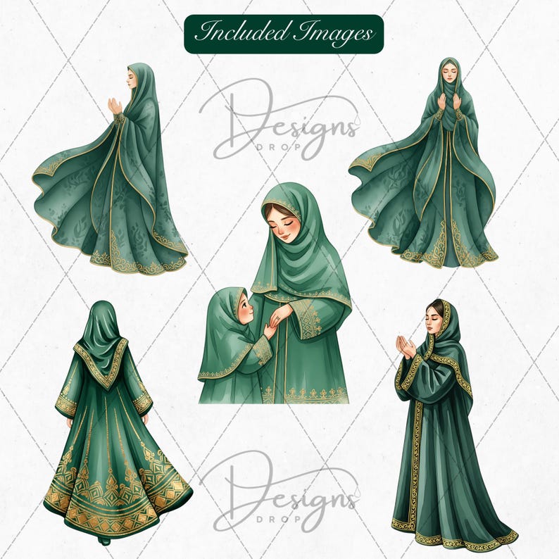 May include: A collection of digital illustrations featuring women in emerald green abayas with gold trim. The images include women in various poses, including prayer and interaction with a child. The text "Designs Drop" is also present.