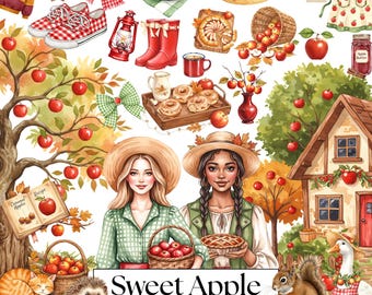 Apple Harvest Clipart, Fall Apple Picking Clipart, Watercolor Apple Clipart, Apple Orchard Graphics, Cottagecore Autumn Farmhouse