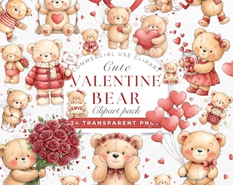 Watercolor Romantic Teddy Bears Clipart, 34 Valentine Love Bear PNG (Digital Download)