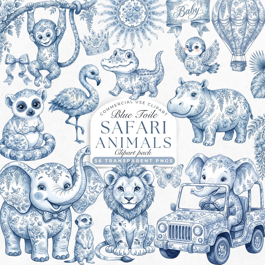 Toiling Animals Blue Toile Safari Animals Clipart, French Toil De Jouy Animal Baby ...