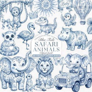 Peut inclure: Ensemble d'illustrations d'animaux de safari en toile de Jouy bleue. Comprend un singe, un crocodile, un flamant rose, un hippopotame, un éléphant et un lion. Le texte indique "Blue Toile Safari Animals Clip Art Pack".