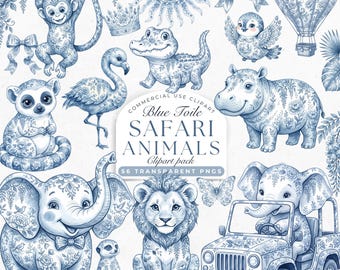 Blue Toile Safari Animals Clipart, French Toil de Jouy Animal Baby Shower, Watercolor Floral Chinoiserie Nursery Graphics