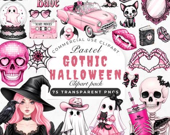 Pink Gothic Halloween Clipart: Pastel Ghost, Cat, Bat, Pumpkin, Witch, Skull, Skeleton, Coquette Spooky, Commercial Use