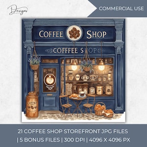 Può includere: Un'illustrazione ad acquerello di una facciata di un negozio di caffè blu con un cartello che dice "Coffee Shop". Il negozio ha una vetrina con chicchi di caffè, barattoli e una tazza di caffè. Ci sono due sedie e un tavolo con un croissant e una tazza di caffè. Il negozio è circondato da un marciapiede bianco.