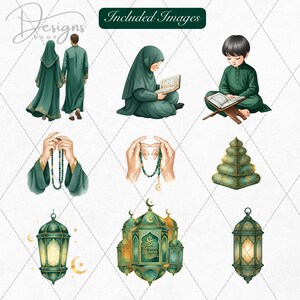 May include: Watercolor illustrations featuring Islamic themes. Included images show people in traditional attire, children reading, prayer beads, decorative lanterns, and a mosque. The color palette is primarily green and gold.