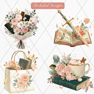 K&ouml;nnte beinhalten: Aquarellillustrationen mit einem Blumenstrau&szlig; und B&uuml;chern, einem Schwert und einem offenen Buch, einer Einkaufstasche mit B&uuml;chern und Blumen sowie einer Tasse hei&szlig;er Schokolade mit einem Buch. Romantisches Thema.
