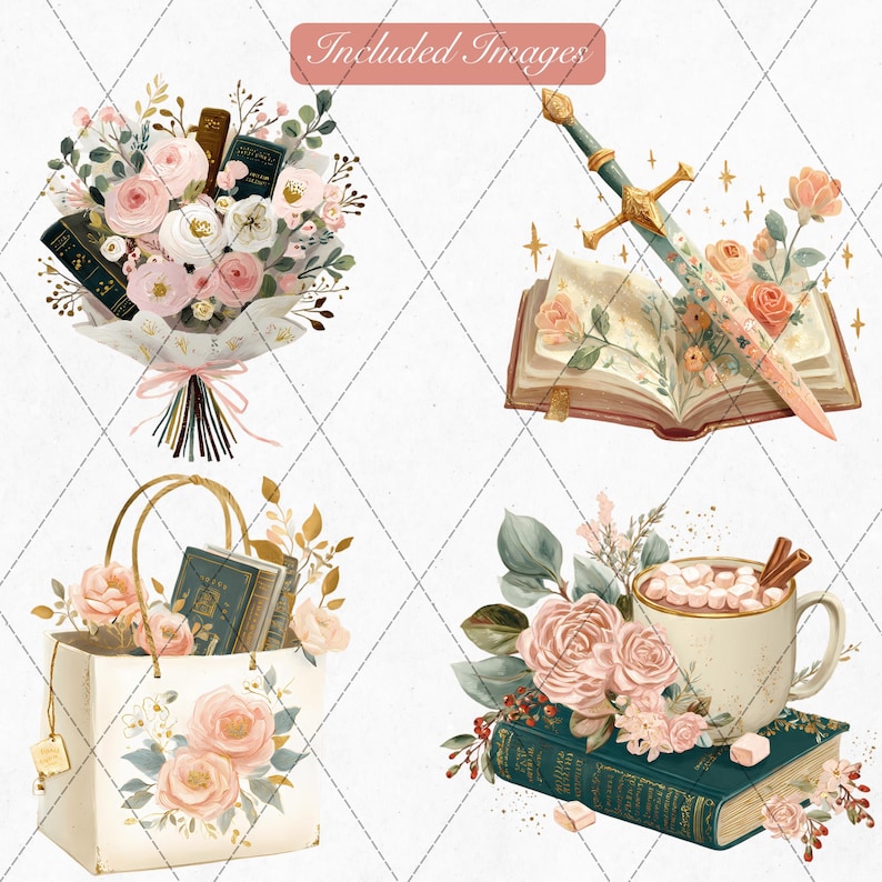 K&ouml;nnte beinhalten: Aquarellillustrationen mit einem Blumenstrau&szlig; und B&uuml;chern, einem Schwert und einem offenen Buch, einer Einkaufstasche mit B&uuml;chern und Blumen sowie einer Tasse hei&szlig;er Schokolade mit einem Buch. Romantisches Thema.