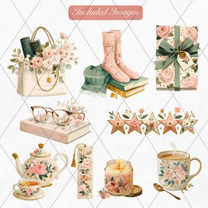 Cozy reading accessories clipart bundle — floral latte mug with gold rim, reading candle with gold wax seal, decorative gold tassel bookmark PNG, bookish planner stickers commercial use
