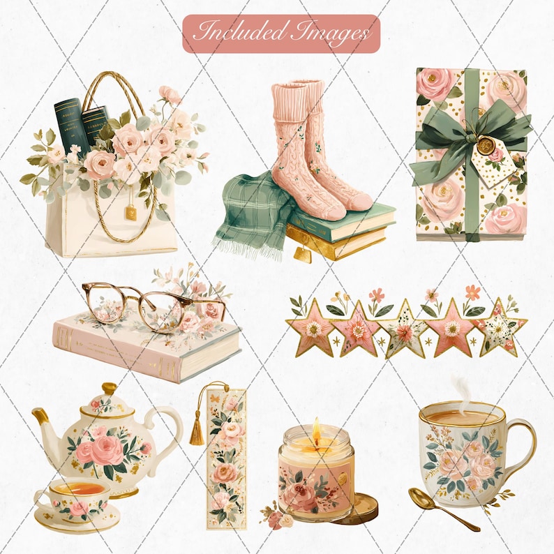 Cozy reading accessories clipart bundle — floral latte mug with gold rim, reading candle with gold wax seal, decorative gold tassel bookmark PNG, bookish planner stickers commercial use