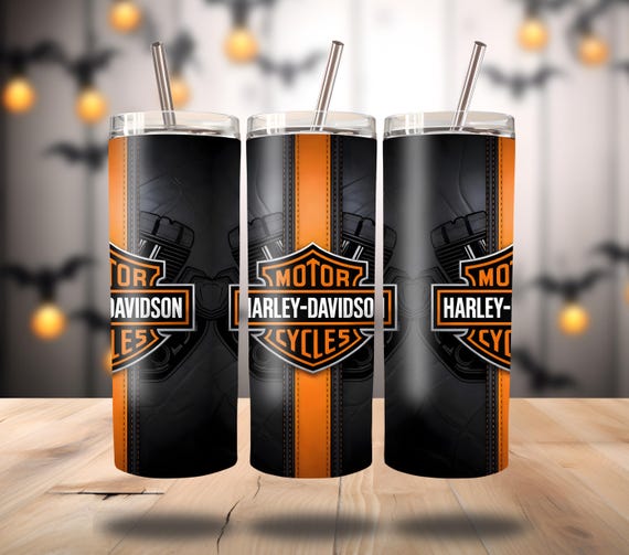 Harley Davidson Tumbler Wrap, Black Leather Orange Stripe Design, 20oz Skinny Sublimation, Digital Download, Gift for Him, Her, Kids