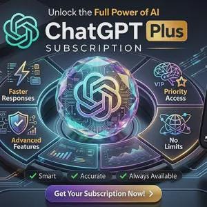 Op de afbeelding: Een digitale afbeelding die een ChatGPT Plus-abonnement promoot. De afbeelding toont een centrale, gloeiende bol met het ChatGPT-logo, omringd door pictogrammen die functies vertegenwoordigen zoals snellere reacties, geavanceerde functies en prioritaire toegang. Tekst bevat "Unlock the Full Power of AI" en "Get Your Subscription Now!"