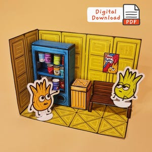 Può includere: Un diorama di carta con un armadietto blu pieno di barattoli colorati, una panchina di legno e due personaggi dei cartoni animati. La scena è ambientata su pareti gialle e un pavimento a motivi. Le parole "Download digitale" e "PDF" sono visibili.