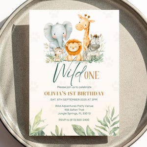 Invitación de cumpleaños de Safari Wild One: Animales de la jungla (Descarga instantánea)